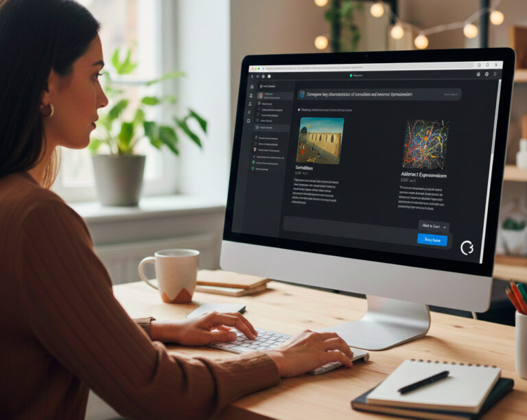 Jeune femme utilisant ChatGPT pour faire une comparaison d'œuvres d'art du 20e siècle