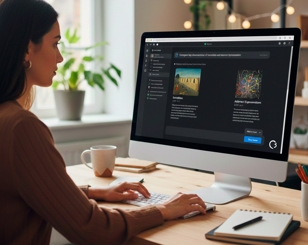 Jeune femme utilisant ChatGPT pour faire une comparaison d'œuvres d'art du 20e siècle